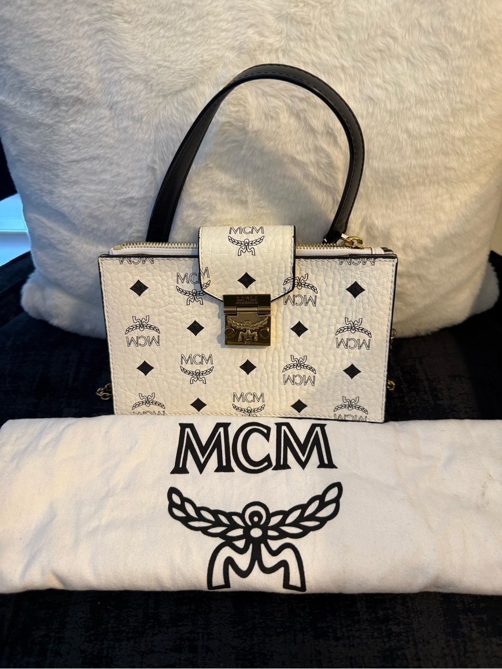 MCM White Logo Satchel with Black Handle and Gold Lock